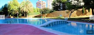 una piscina con un ponte in un parco di Cielo de Benidorm a Benidorm