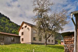 ein Haus auf einem Feld mit einem Baum in der Unterkunft Bergreich Appartement 5 in Schoppernau