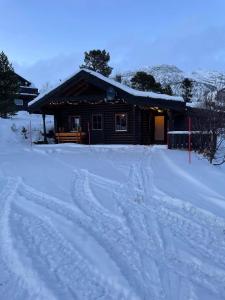 a ski tracks in the snow in front of a cabin at Hovden in Hovden
