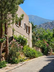 a house on a street with trees and flowers at Villa OZ in Kalkan