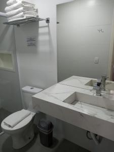 La salle de bains blanche est pourvue de toilettes et d'un lavabo. dans l'établissement Pousada Serrano, à Campos do Jordão