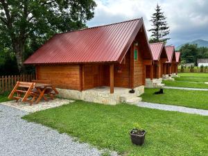 a log cabin with a picnic table and a red roof at Tara Valley Eco Lounge in Mojkovac