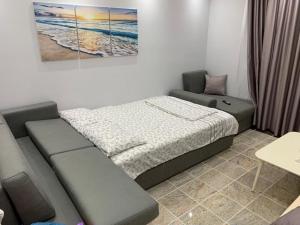 Fishta Apartments Q5 33 في فيليبوجي: غرفة نوم صغيرة مع سرير وأريكة