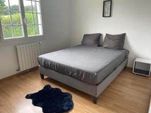 een slaapkamer met een bed en een tapijt op de vloer bij Magnifique villa contemporaine 8 personnes in Pierrevert