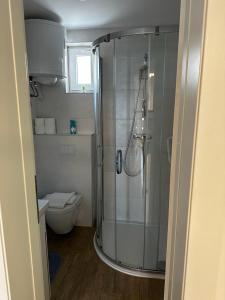 uma casa de banho com um chuveiro e um WC. em Apartment Ankica em Crikvenica
