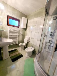La salle de bains est pourvue de 2 toilettes, d'un lavabo et d'une douche. dans l'établissement Pensiunea Geta, à Rucăr