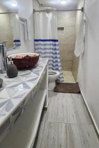 uma casa de banho com um lavatório, um WC e um chuveiro em Hotel M4 Económico Estándar em Cartagena de Indias