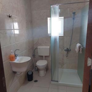 La salle de bains est pourvue de toilettes, d'une douche et d'un lavabo. dans l'établissement Ain Sara Space, à Hébron