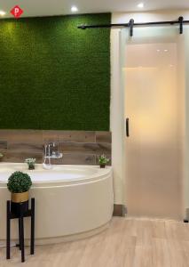 a bathroom with a tub and a green wall at Pyramids Residence view inn in Cairo