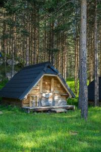 une cabane en bois au toit noir dans l'herbe dans l'établissement Chalets pod Gorom, à Žabljak