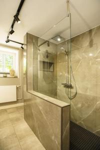 a bathroom with a shower with a glass door at Ferienwohnung inmitten der Natur 