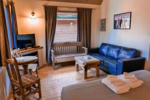 HI Banff Alpine Centre - Hostel في بانف: غرفة معيشة بها أريكة زرقاء وتلفزيون