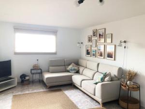 a living room with a couch and a television at Apartamento Conroibo in O Grove