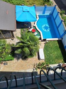 an overhead view of a pool with a palm tree and umbrella at Topalovi Guest House in Chernomorets