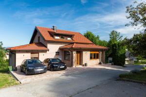 zwei Autos vor einem Haus geparkt in der Unterkunft Apartment Sara in Rakovica + 21 Fotos