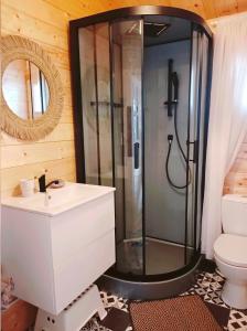 a bathroom with a shower and a sink and a toilet at Dreamholia in Jastarnia +12 photos