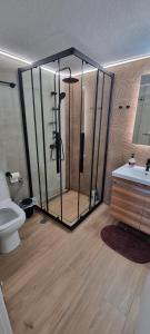 a bathroom with a shower with a toilet and a sink at Amazing sea view apartment in the city center! in Alexandroupoli +25 photos