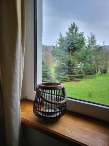 a basket sitting on a window sill looking out at a yard at Na Dębowej- Apartament/dom 2 pokoje-prywatny las in Szczytna