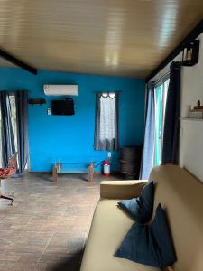 a living room with blue walls and a couch at Casa CALMA en Villa Serrana in Villa Serrana