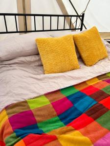 a bed with a colorful blanket and two pillows on it at Hafod Hir in Cross Inn