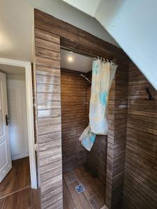 eine ebenerdige Dusche mit einer Holzwand in der Unterkunft Jak Tu Sielsko in Osiek