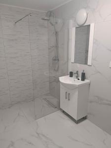 uma casa de banho branca com um chuveiro e um lavatório. em Casa Venus em Sânmartin