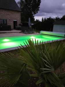 una piscina con luz verde en un patio en Trees Fontain, en Jalhay