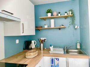 uma cozinha com um lavatório e uma parede azul em Caporizon-La Moulinette-5min Gare et Port em La Rochelle