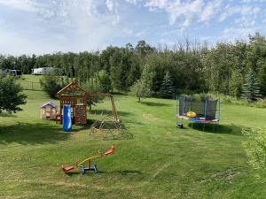 a group of playground equipment in a grass field at Dragonfly Inn Walkout Suites in Sherwood Park