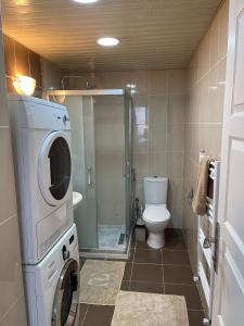 a bathroom with a washing machine and a toilet at Flance hotel furnished home with all amenites in Basaksehir