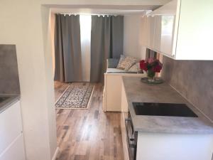 kuchnia i salon z kanapą w pokoju w obiekcie Extraordinary apartment with double shower w mieście Norrahammar