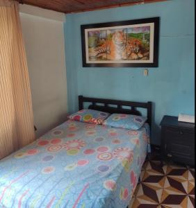 - une chambre avec un lit et une photo sur le mur dans l'établissement Hotel Milán, à Pereira