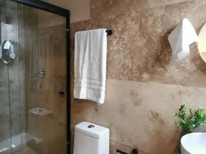 a bathroom with a toilet and a shower and a towel at MaaR Estudios 6, a 2 cuadras del Malecón de La Paz in La Paz
