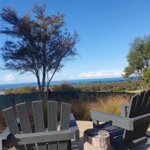 two chairs and a tree with the ocean in the background at Hapuku River Terrace a Eco Tiny House escape in Kaikoura