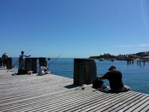 a group of people sitting on a dock fishing at Beachcomber Holiday Apartments in Swanage