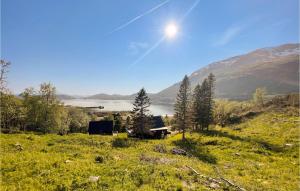 a house in a field with a view of a lake at Beautiful Home In Bogen I Ofoten With Wifi in Bogen