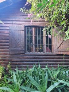 una ventana en una casa de madera con plantas en Mystic House en Mar del Plata