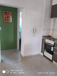 eine Küche mit einer weißen Tür und einer grünen Wand in der Unterkunft Departamento Brisa Andina in Ciudad Lujan de Cuyo