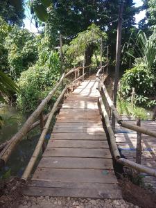 a wooden bridge over a river in a forest at Bambua Nature Cottages in Puerto Princesa City