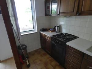 cocina con fogones negros y ventana en Apartman Žarko, en Tkon