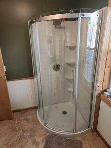 a shower with a glass door in a bathroom at Fish~N~Moor Cabin in Hammond