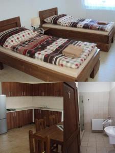 2 fotos de un dormitorio con cama y baño en Motel Senec, en Senec