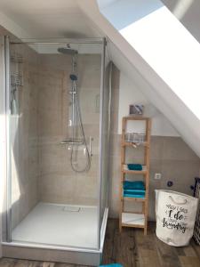 a bathroom with a shower in the attic at Ferienwohnung im Nierott in Gettorf