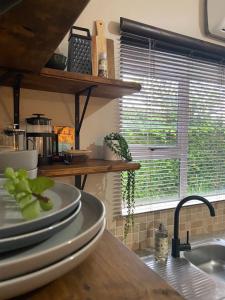 a kitchen counter with plates and a sink and a window at The Aloe in East London