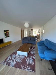 a living room with a blue couch and a coffee table at Superbe appartement bord de mer in Saint-Mandrier-sur-Mer