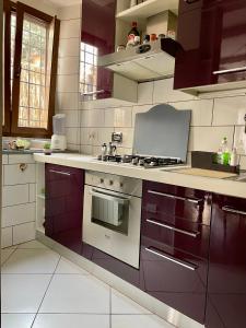 uma cozinha com armários roxos e um forno com placa de fogão em Flat 52 in San Jacopino em Florença