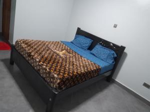 a bed with blue pillows on it in a room at Ella Apartment Namirembe Road in Kampala