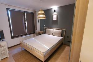1 dormitorio con 1 cama en una habitación con ventana en Oasis Resort Apartment, Луксозен Апартамент в комплекс ОАЗИС, en Lozenets
