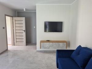 salon z niebieską kanapą i telewizorem w obiekcie Villa Lipowe Wzgórze w mieście Narty