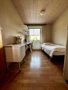 ein Schlafzimmer mit einem Waschbecken und einem Bett in einem Zimmer in der Unterkunft OJ Home in Vojens